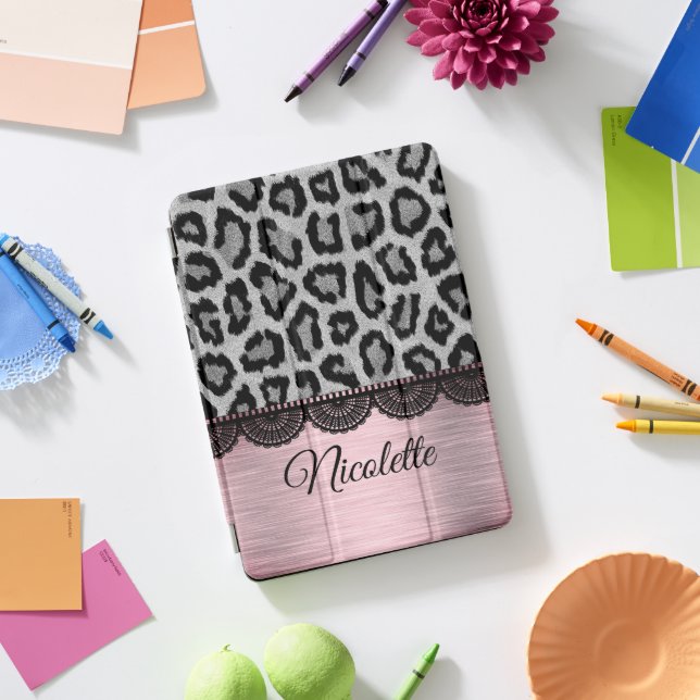 Personalized Leopard and Lace Pink Blush iPad Pro Cover (Desk)