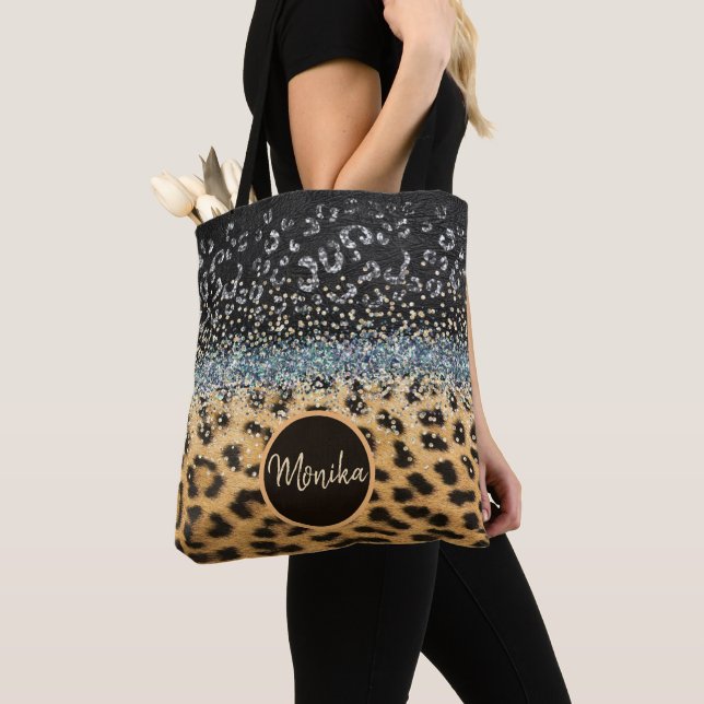 Personalized Leopard Fur Glamour Glitter Agate Tote Bag (Close Up)