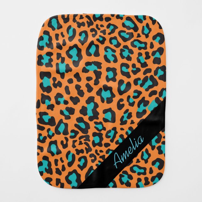 Personalized Leopard Orange Black Aqua Burp Cloth (Front)