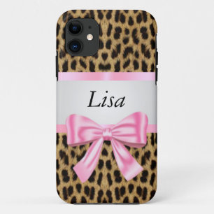 Personalized Leopard Pattern Pink Bow iPhone 11 Case