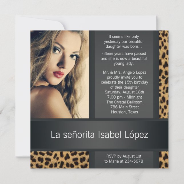 Personalized Leopard Photo Quinceanera Invitation (Front)