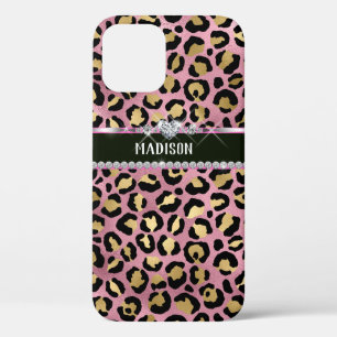 Personalized Leopard Pink Black Gold Diamond iPhone 12 Case