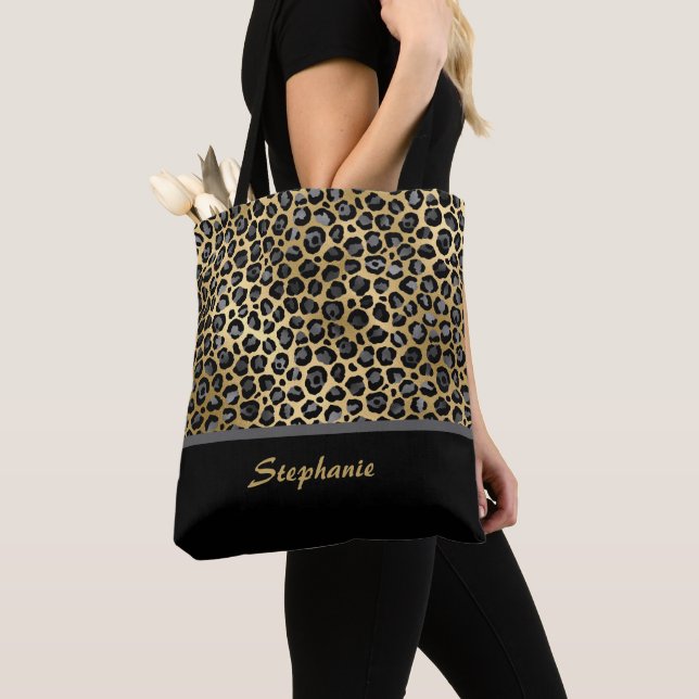 Personalized Leopard Print | Black, Gray & Gold Tote Bag (Close Up)