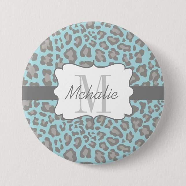 Personalized Leopard Print Blue and Gray Button (Front)