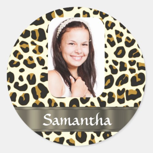 Personalized leopard print classic round sticker