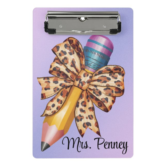 Personalized leopard print coquette bow and pencil mini clipboard (Front)