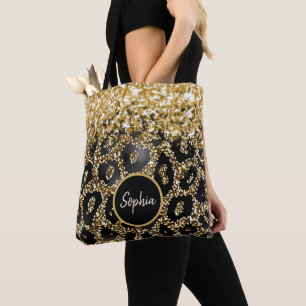 Personalized Leopard Print Glamour Glitter Agate Tote Bag