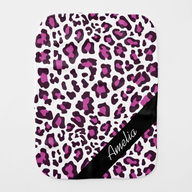Personalized Leopard Purple Black White Burp Cloth (Front)