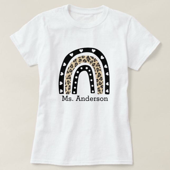 Personalized Leopard Rainbow Teacher Name T-Shirt (Design Front)