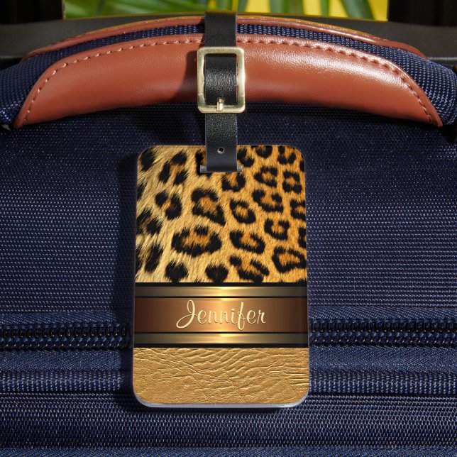 Personalized Leopard Skin Gold Faux Leather Luggage Tag (Front Insitu 2)