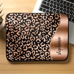 Personalized Leopard Spots Rose Gold Black Laptop Sleeve