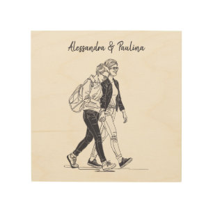 Personalized Lesbian Couple Walking Line Art