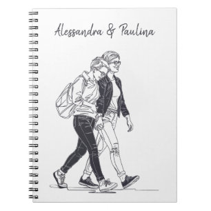 Personalized Lesbian Couple Walking Line Art Notebook