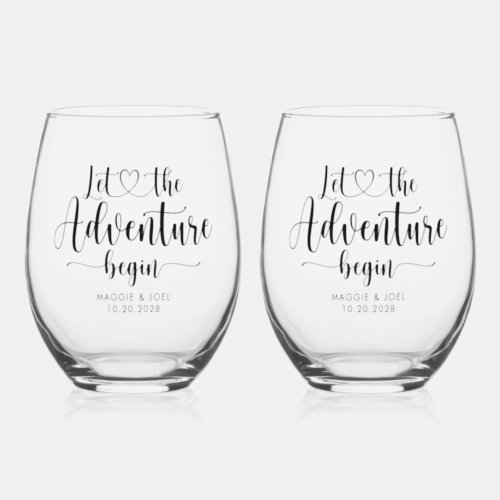 Personalized Let The Adventure Begin Wedding Stemless Wine Glass