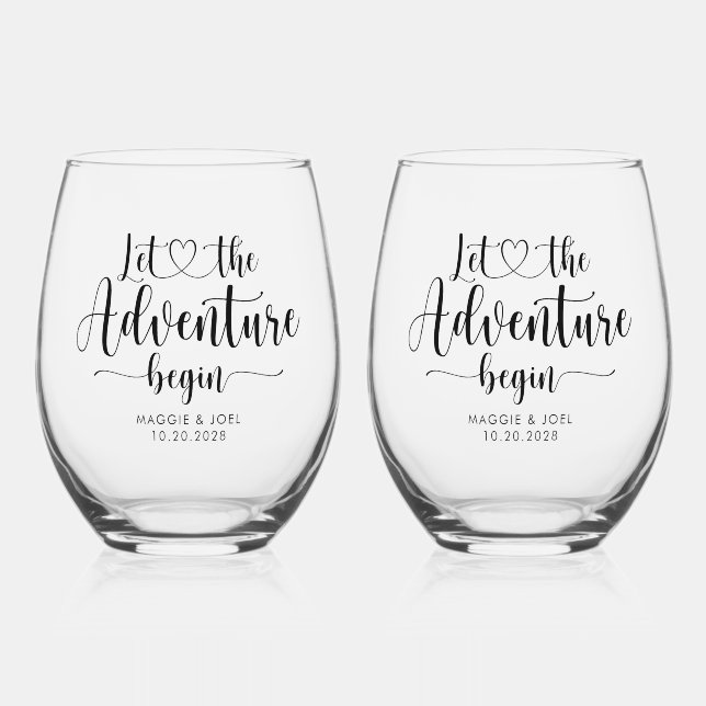 Personalized Let The Adventure Begin Wedding Stemless Wine Glass (Front)