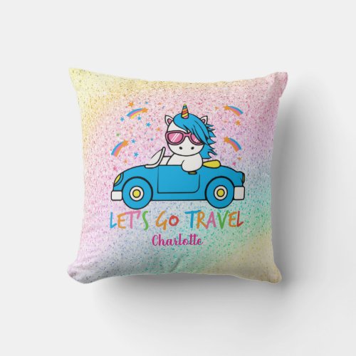 Personalized Lets Travel Unicorn Throw Pillow