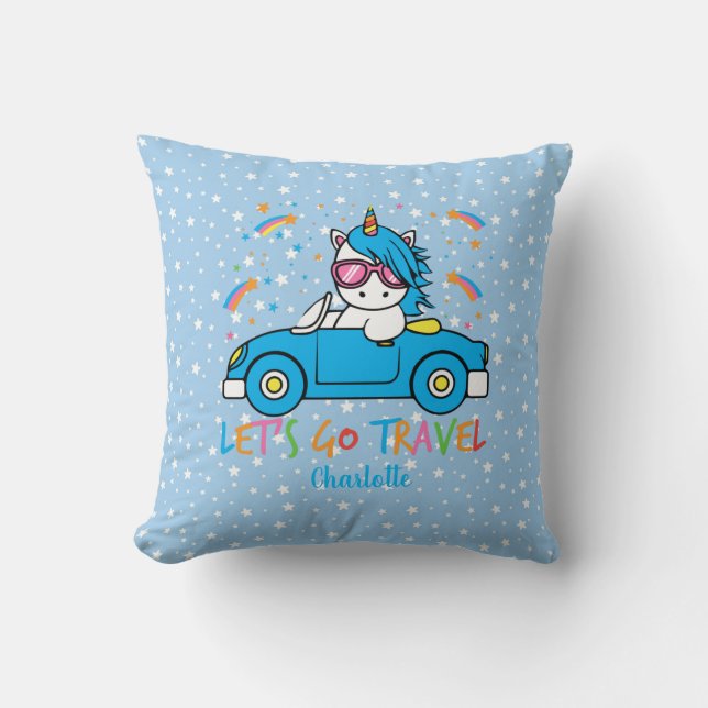 Personalized Lets Travel Unicorn Throw Pillow (Front)