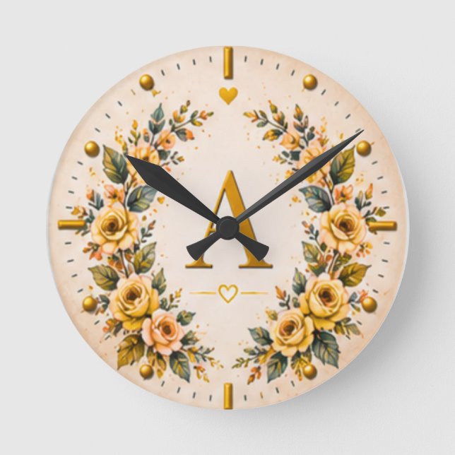 Personalized Letter A Floral Wall Clock (Front)