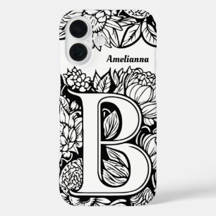 Personalized Letter B Black White Tattoo Flowers iPhone 16 Case