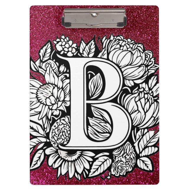 Personalized Letter B Glitter Tattoo Flowers Clipboard (Front)