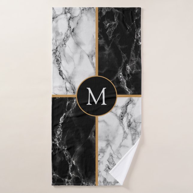 Personalized Letter Bath Towels Black White Marble (Bath Towel)