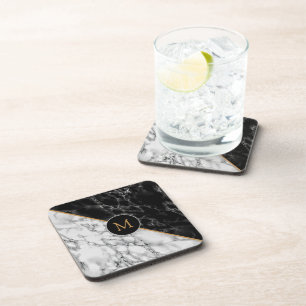 Personalized Letter Black White Marble Coasters