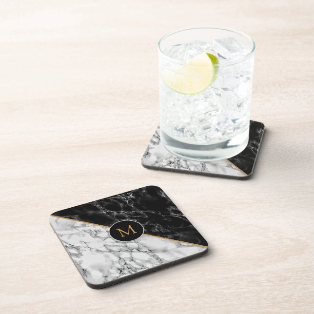 Personalized Letter Black White Marble Coasters (Right Side)