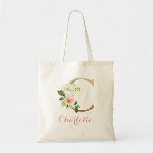 Personalized Letter "C" Tote Bag Floral Gold Blush