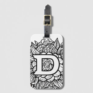 Personalized Letter D Black White Floral Tattoo Luggage Tag