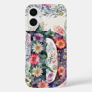 Personalized Letter D Elegant Floral Watercolor iPhone 16 Case