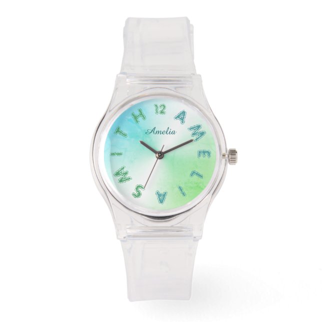 Personalized Letter Dial Teal Greenery White Watch (Front)