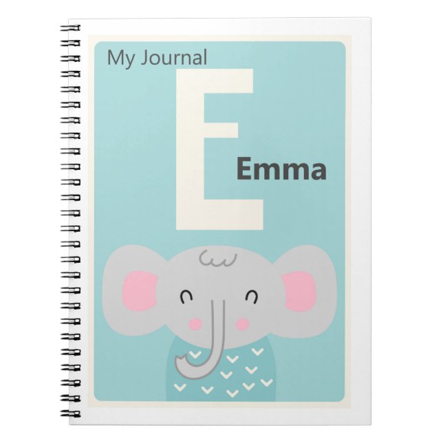 Personalized Letter E | Cute Elephant Kids Journal (Front)