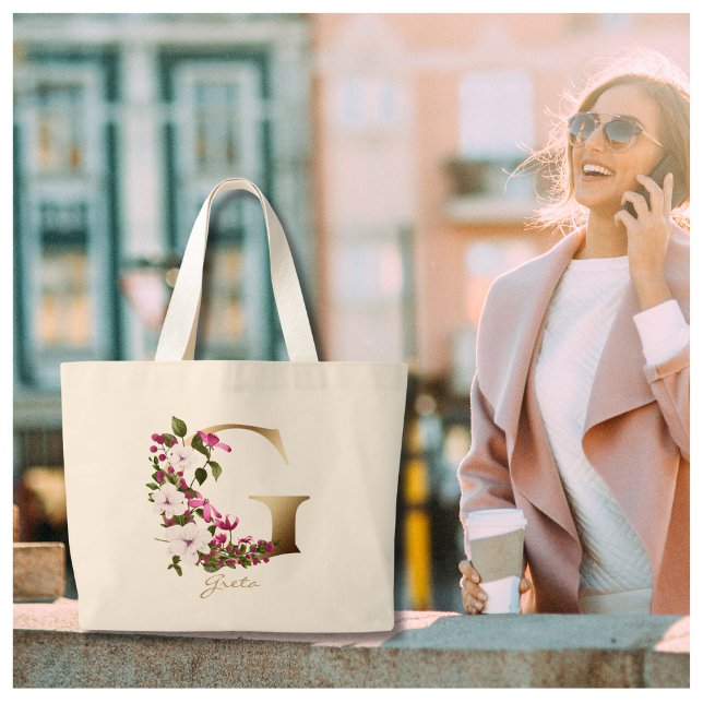Personalized Letter G Elegant Floral Gold Monogram Large Tote Bag (Creator Uploaded)