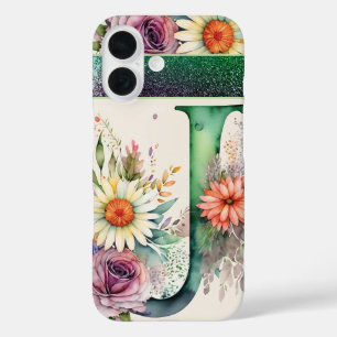 Personalized Letter J Elegant Floral Watercolor iPhone 16 Case