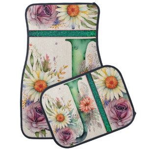 Personalized Letter J Floral Watercolor Glitter Car Floor Mat
