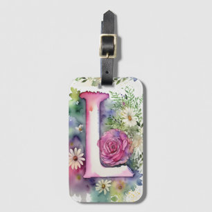 Personalized Letter L Daisy Floral Watercolor Luggage Tag