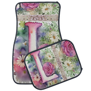Personalized Letter L Elegant Floral Watercolor Car Floor Mat