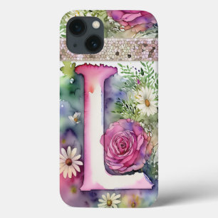 Personalized Letter L Elegant Floral Watercolor iPhone 13 Case