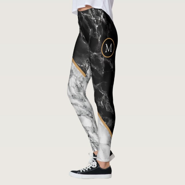 Personalized Letter Leggings Black White Marble (Left)