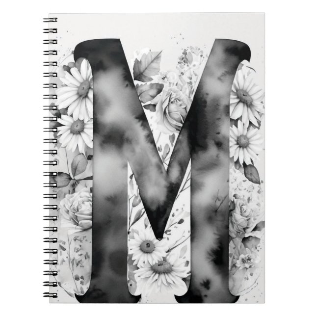 Personalized Letter M Floral Watercolor Notebook  (Front)