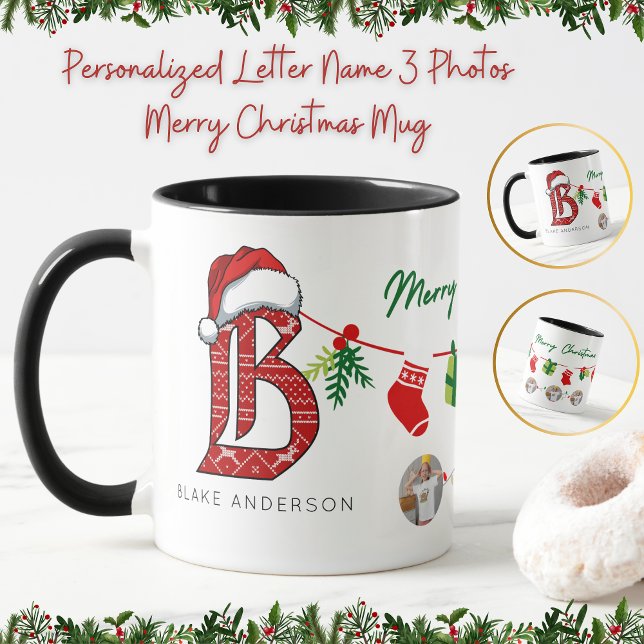 Personalized Letter Name 3 Photos Merry Christmas  Mug (Creator Uploaded)