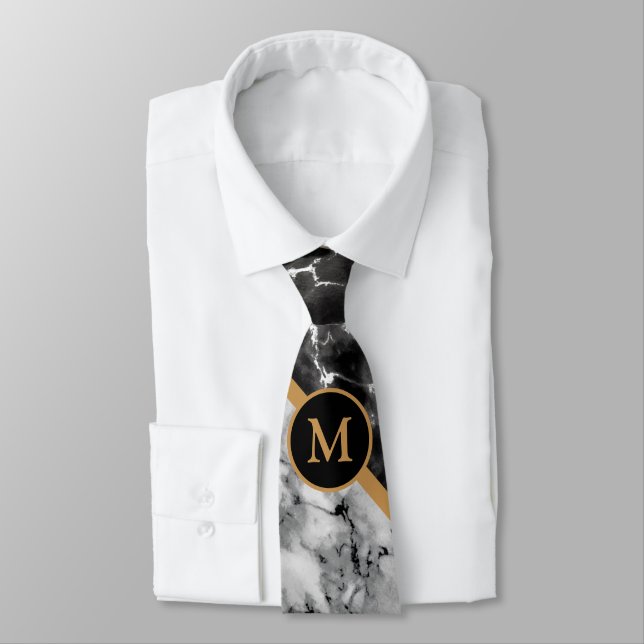Personalized Letter Neck Tie Black White Marble (Tied)