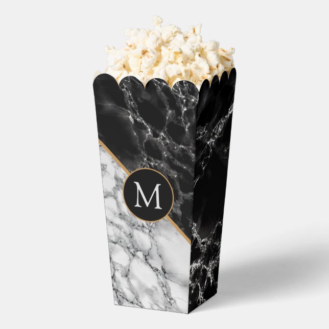 Personalized Letter Popcorn Box Black White Marble (Popped)