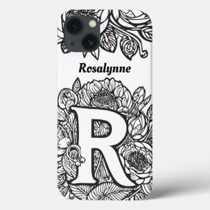 Personalized Letter R Black White Tattoo Flowers iPhone 13 Case