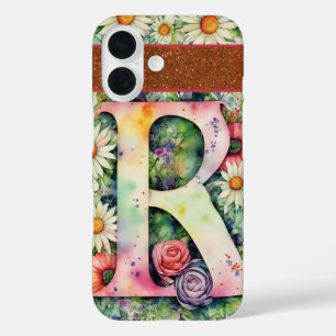 Personalized Letter R Elegant Floral Watercolor iPhone 16 Case