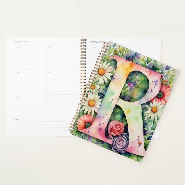 Personalized Letter R Floral Watercolor Notebook  (Display)
