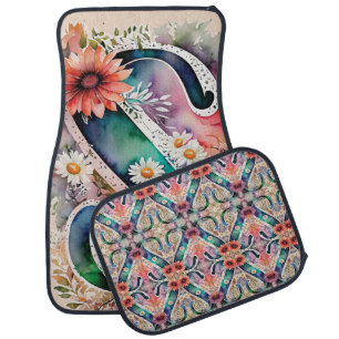 Personalized Letter S Elegant Floral Watercolor Car Floor Mat