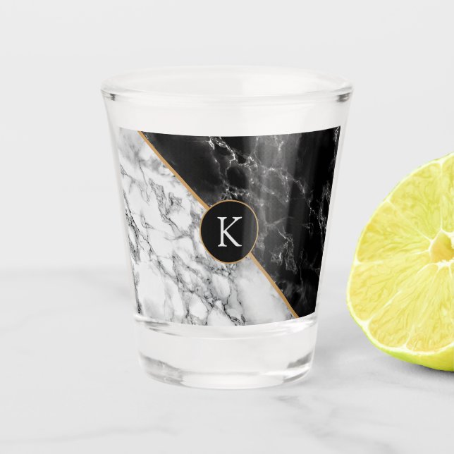 Personalized Letter Shot Glass Black White Marble (Front)