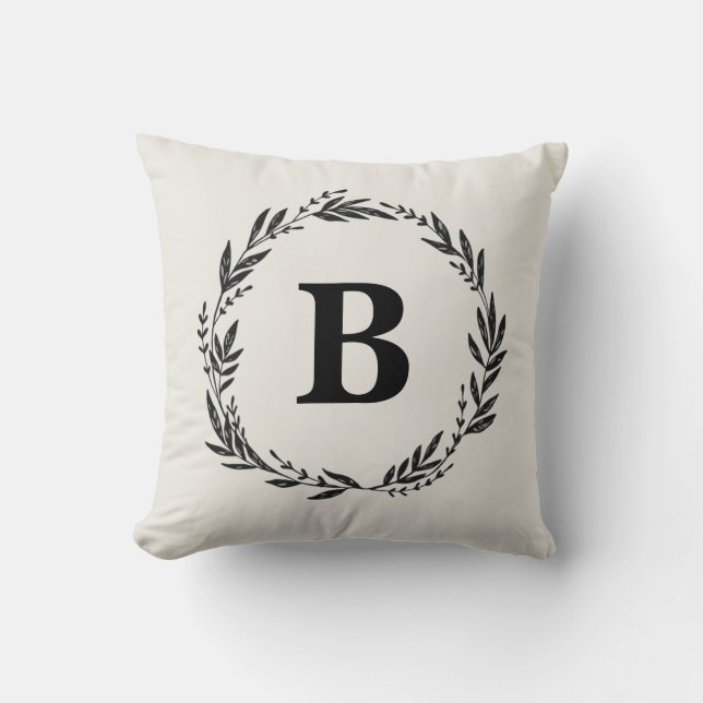 Personalized Letter Wreath Gray Throw Pillow (Front)