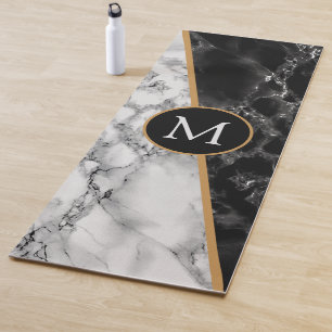 Personalized Letter Yoga Mat Black White Marble